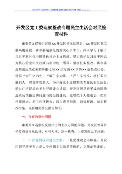 开发区党工委巡察整改专题民主生活会对照检查材料