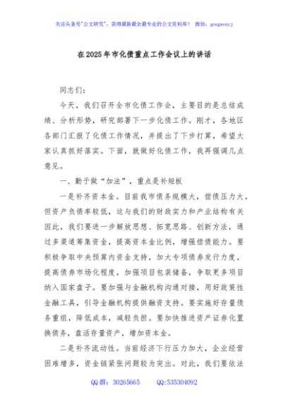在2025年市化债重点工作会议上的讲话