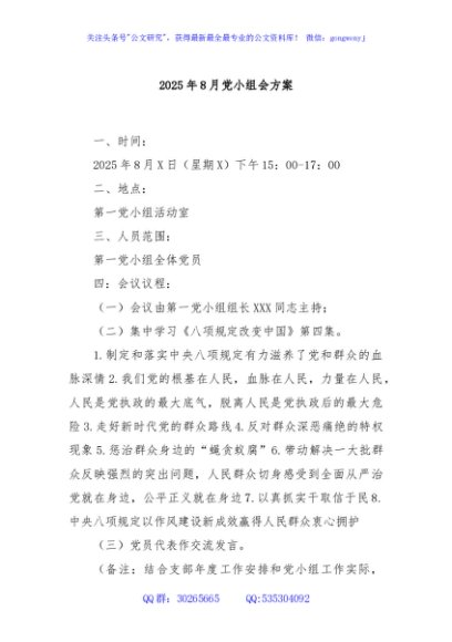 2025年8月党小组会方案