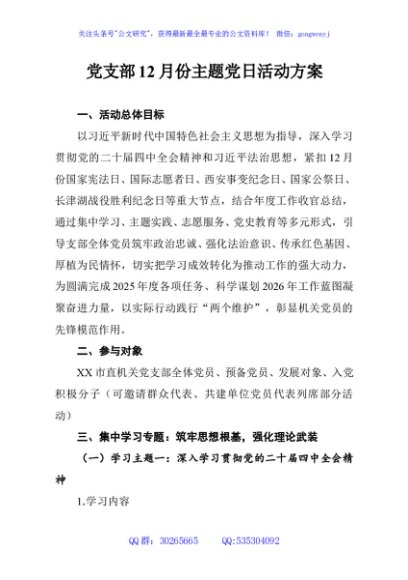 党支部12月份主题党日活动方案