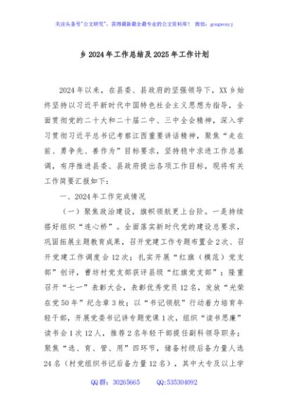 乡2024年工作总结及2025年工作计划