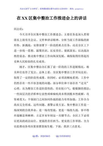 在XX区集中整治工作推进会上的讲话