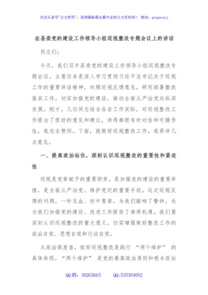 在县委党的建设工作领导小组巡视整改专题会议上的讲话