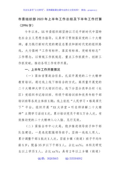 市委组织部2023年上半年工作总结及下半年工作打算