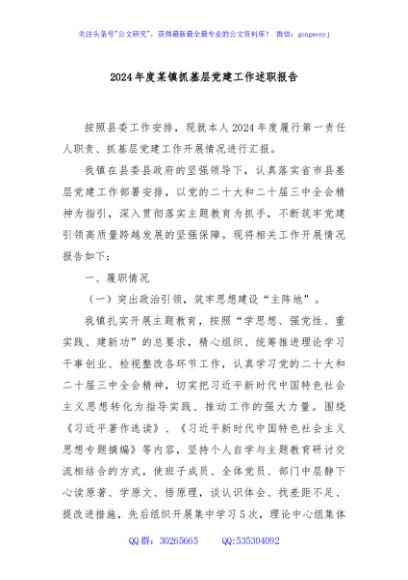 2024年度某镇抓基层党建工作述职报告
