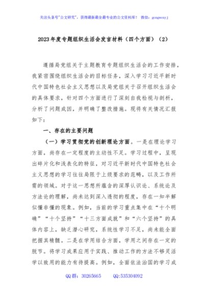 2023年度专题组织生活会发言材料（四个方面）