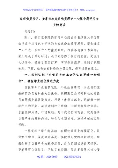 公司党委书记、董事长在公司党委理论中心组专题学习会上的讲话