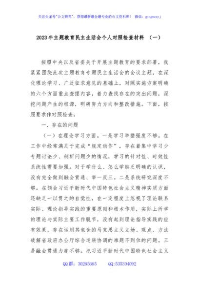 2023年主题教育民主生活会个人对照检查材料 （一）