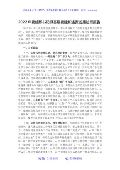 2022年党组织书记抓基层党建和述责述廉述职报告