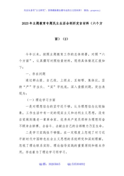 2023年主题教育专题民主生活会剖析发言材料（六个方面）（2）