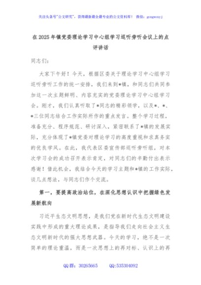 在2025年镇党委理论学习中心组学习巡听旁听会议上的点评讲话
