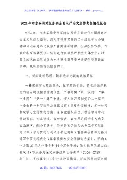 2024年市水务局党组落实全面从严治党主体责任情况报告
