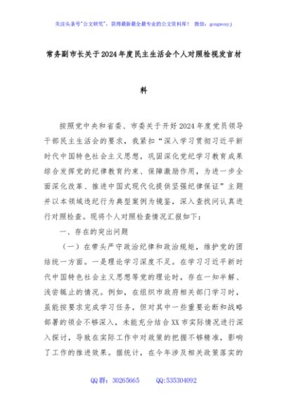 常务副市长关于2024年度民主生活会个人对照检视发言材料