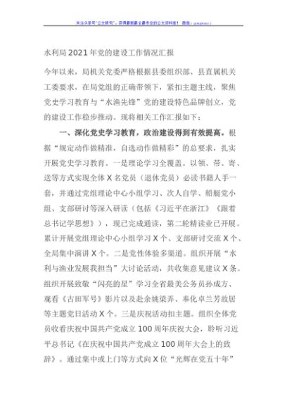 水利局2021年党的建设工作情况汇报