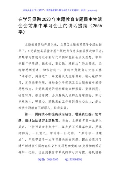 （会前）主题教育专题民主生活会会前集中学习会上的讲话提纲