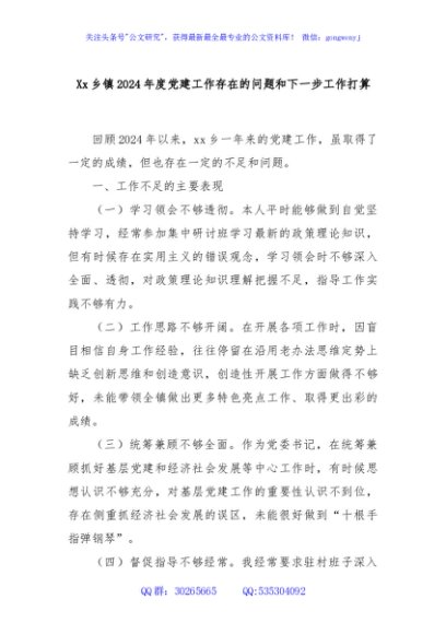 Xx乡镇2024年度党建工作存在的问题和下一步工作打算