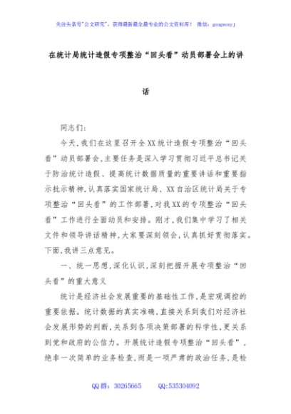 在统计局统计造假专项整治“回头看”动员部署会上的讲话