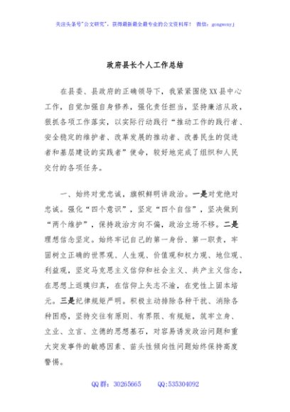 政府县长个人工作总结