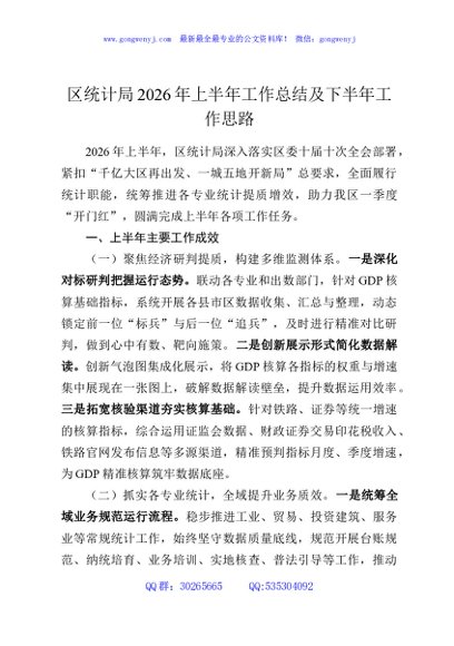 区统计局2026年上半年工作总结及下半年工作思路