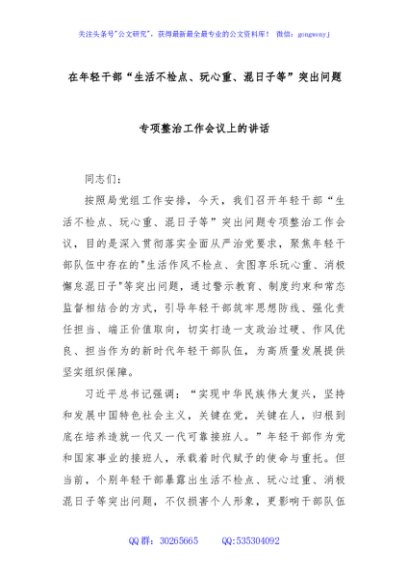 在年轻干部“生活不检点、玩心重、混日子等”突出问题专项整治工作会议上的讲话
