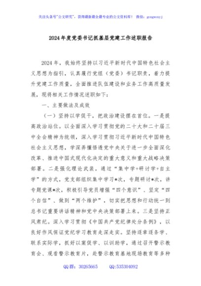 2024年度党委书记抓基层党建工作述职报告