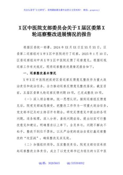 X区中医院支部委员会关于X届区委第X轮巡察整改进展情况的报告