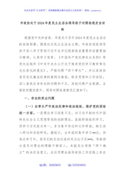 市政协关于2024年度民主生活会领导班子对照检视发言材料