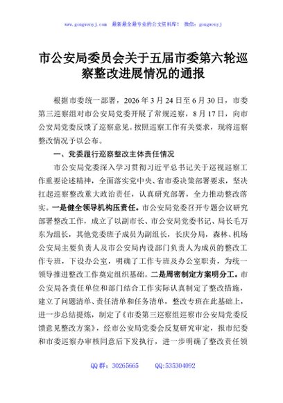 市公安局委员会关于五届市委第六轮巡察整改进展情况的通报
