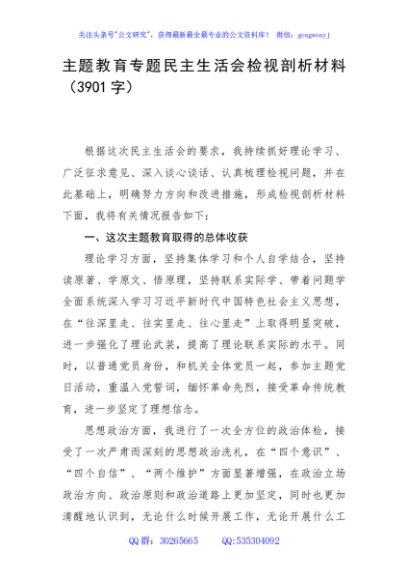 主题教育专题民主生活会检视剖析材料