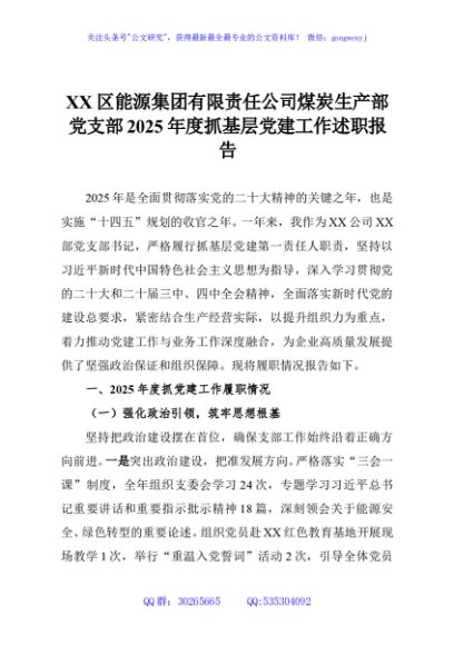 XX区能源集团有限责任公司煤炭生产部党支部2025年度抓基层党建工作述职报告