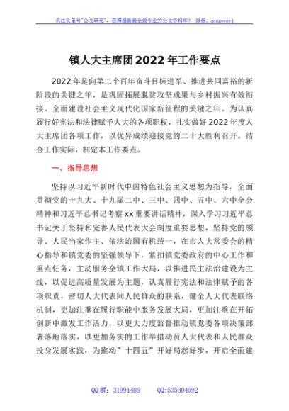 镇人大主席团2022年工作要点