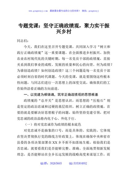 专题党课：坚守正确政绩观，聚力实干振兴乡村