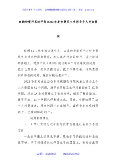 金融和银行系统干部2023年度专题民主生活会个人发言提纲