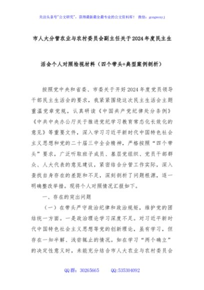 市人大分管农业与农村委员会副主任关于2024年度民主生活会个人对照检视材料（四个带头+典型案例剖析）