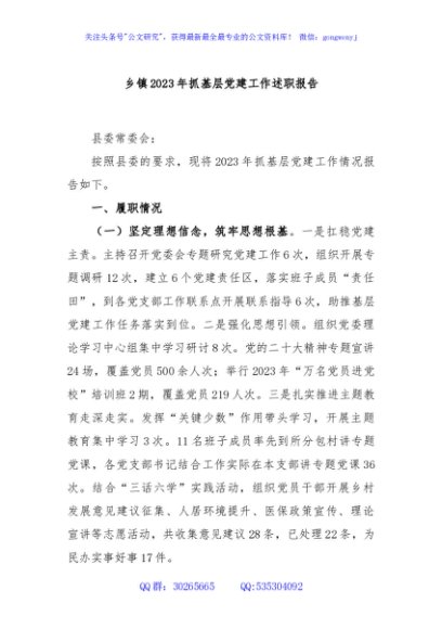 乡镇2023年抓基层党建工作述职报告