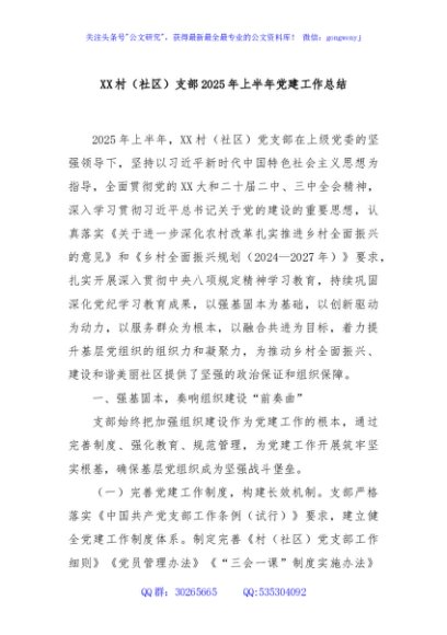 XX村（社区）支部2025年上半年党建工作总结