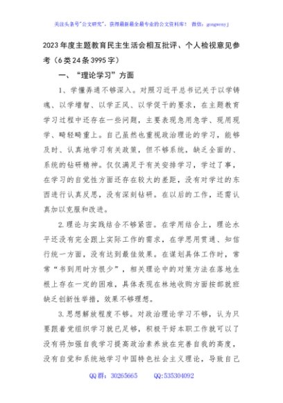2023年度主题教育民主生活会相互批评、个人检视意见