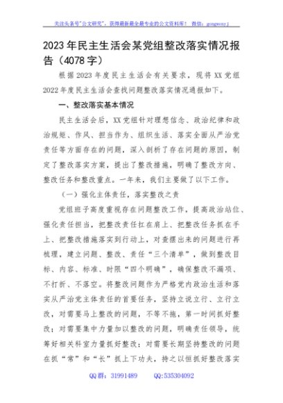 2023年民主生活会某党组整改落实情况报告
