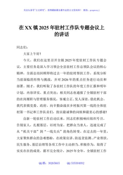 在XX镇2025年驻村工作队专题会议上的讲话