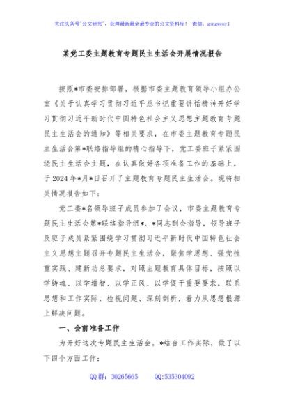 某党工委主题教育专题民主生活会开展情况报告