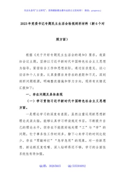 2023年党委书记专题民主生活会检视剖析材料（新6个对照方面）