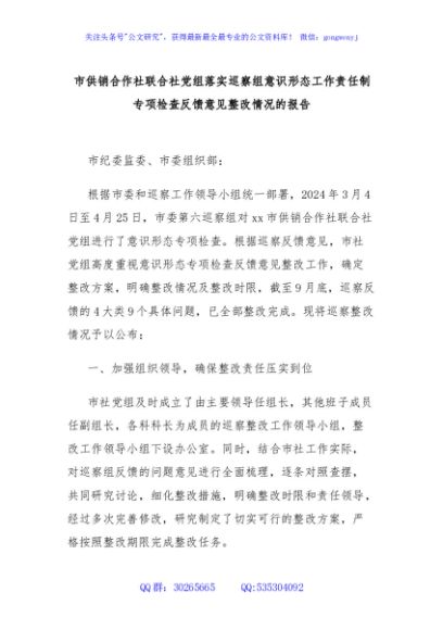 市供销合作社联合社党组落实巡察组意识形态工作责任制专项检查反馈意见整改情况的报告