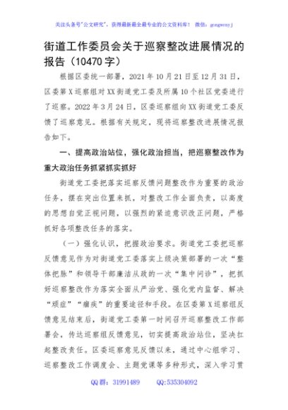 街道关于巡察整改进展情况的报告