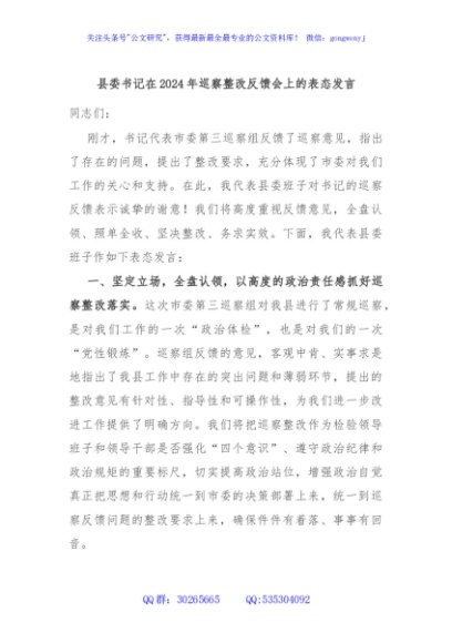 县委书记在2024年巡察整改反馈会上的表态发言