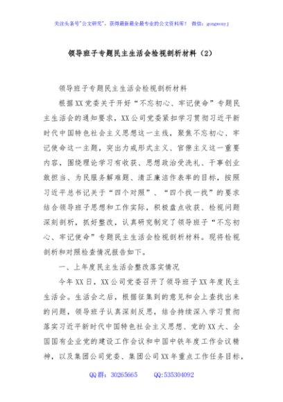 领导班子专题民主生活会检视剖析材料（2）