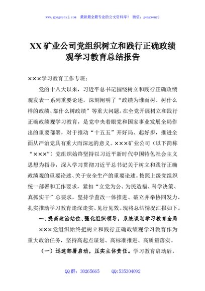 XX矿业公司党组织树立和践行正确政绩观学习教育总结报告