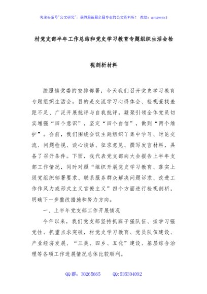 关于村党支部半年工作总结和党史学习教育专题组织生活会检视剖析材料（老）