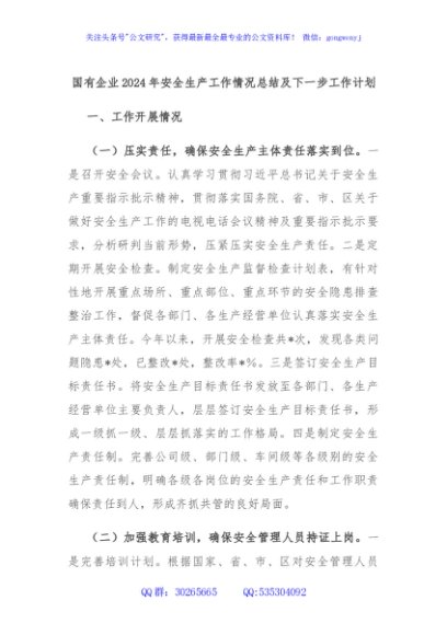 国有企业2024年安全生产工作情况总结及下一步工作计划
