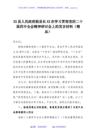XX县人民政府副县长XX在学习贯彻党的二十届四中全会精神研讨会上的发言材料（精品）
