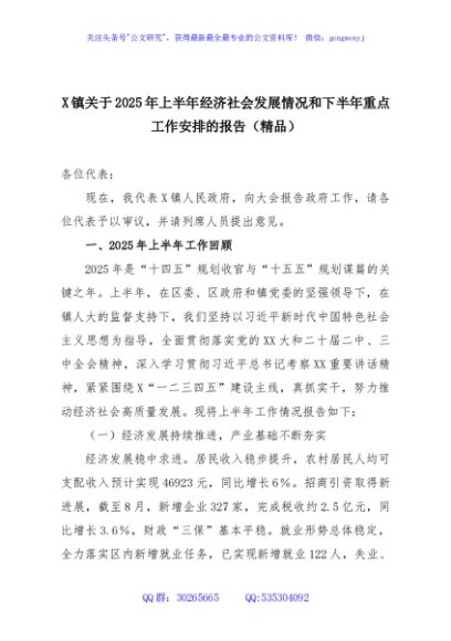 X镇关于2025年上半年经济社会发展情况和下半年重点工作安排的报告（精品）